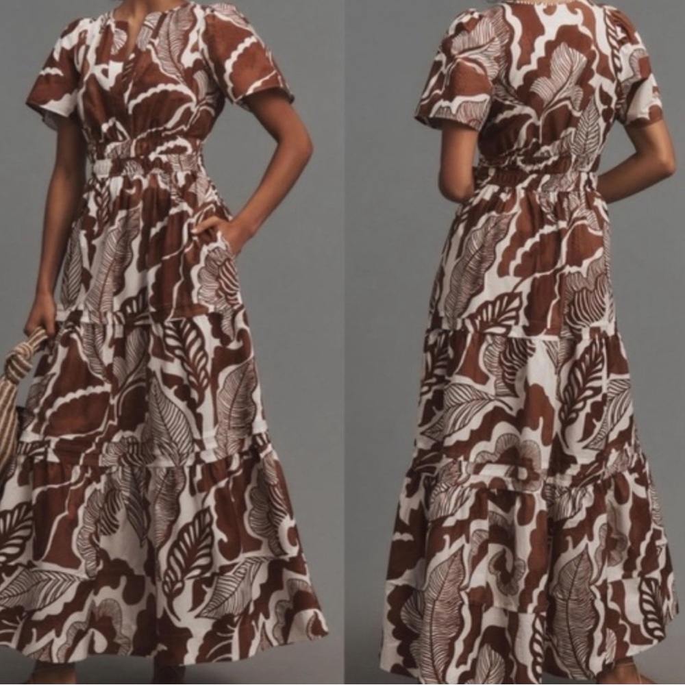 Anthropologie Brown and White Patterned Jumpsuit